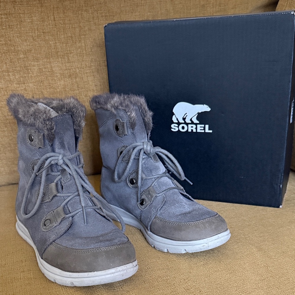 Sorel Gray Ankle Boots with Fur Trim
